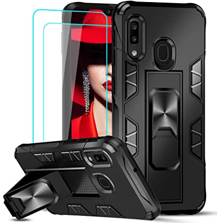 LeYi Case for Samsung Galaxy A20e and Tempered Glass Screen Protector [2 Pack],Armour Cover with built-in Kickstand Full Body Shockproof Soft Silicone TPU Bumper Phone Case for A20e Black