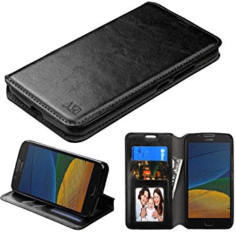 Motorola Moto E4 Case (U.S. Version), Moto E 4th Generation Case, Bicast Leather Folio Wallet with Card Slots and Kickstand, Comes with Film Screen Protector - Black
