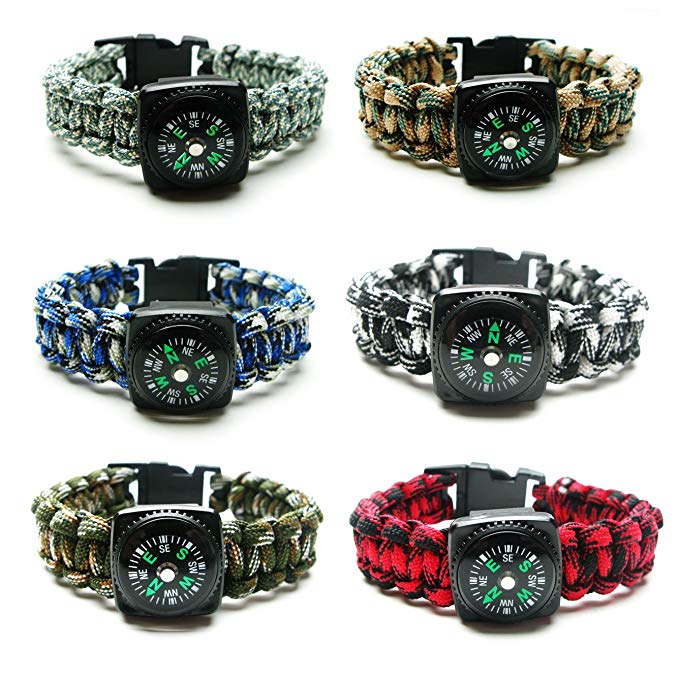 Compass Paracord Bracelet Set for Men Teen Boys 6 Pack - Survival Emergency Tactical Bracelets Braided with 550 lbs Parachute Cord and Mini Compasses - Men's Outdoor Accessories - Camp Party Favors