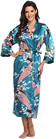 Women's Floral Long Silk Kimono Robes Satin Dressing Gown Peacock Blossoms