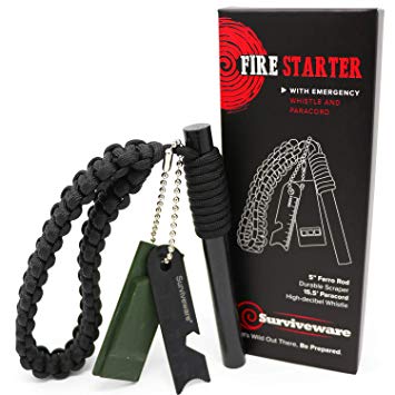 Surviveware Survival Fire Starter with Emergency Whistle, Paracord Handle and Steel Serrated Scraper. 15 000 Guaranteed Strikes