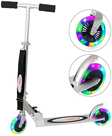 ChromeWheels Scooter for Kids, Deluxe 2 Wheel Kick Scooters 4 Adjustable Height with LED Light Up Wheels, for Age 5 up Girls Boys, 132lb Weight Limit