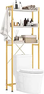 Giantex Over The Toilet Storage Rack, 3-Tier Bathroom Space Saver Organizer with Adjustable Bottom Bar to Fit Most Toilets, Freestanding Above Toilet Storage Rack, Easy Assembly (White   Gold)