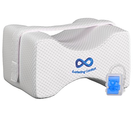 Everlasting Comfort 100% Pure Memory Foam Knee Pillow with Adjustable & Removable Strap and Ear Plugs - Leg Pillow for Sleeping (Lifetime Warranty)