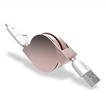 USB Cable, 2in1 Retractable Universal Android&iOS Charger to USB Charging Cord Tangle-free Charger for iPhone 6s / 6s Plus / 6 / 6 Plus / 5 / 5S / 5C, iPad Mini, iPad Air, iPod ,Android. (Pink-Golden)