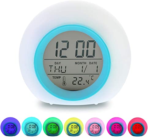 Litthing Kids Alarm Clock Colors Wake Up Digital Clock Changing Light Multifunctional with 6 Nature Sounds Temperature Calendar Timing Snooze for Children's Bedrooms (L)