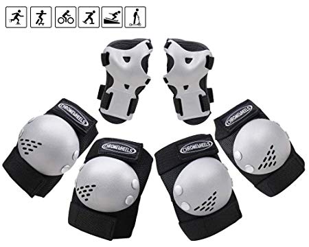 ChromeWheels Kids Knee Pads Elbow Pad Wrist Guards Protective Gear Set for Girls Boys Roller Skates Cycling BMX Bike Skateboard Rollerblade Scooter Inline Skating Multi Outdoor Sports