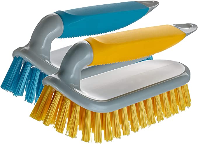 NCaan 2pk Deluxe Hand Scrubbing Brush Heavy Duty with Stiff Bristles & Non-Slip Soft Grip Handle-Household Cleaning Brush for Indoor & Outdoor, Bathroom, Kitchen, Carpet, Floor, Bath,Car (Assorted, 2)