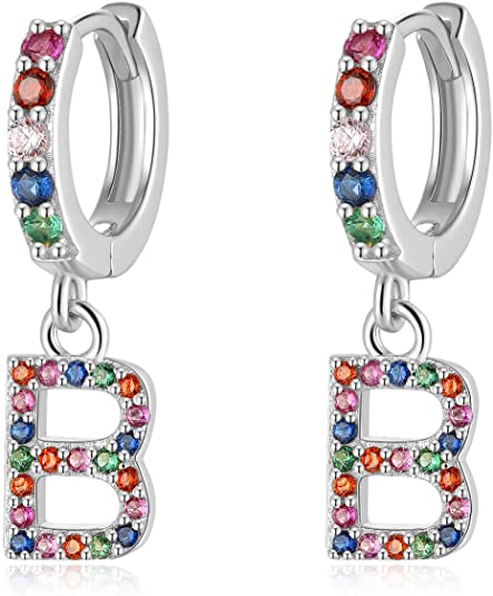 Presentski Initial Earrings 925 Sterling Silver Colorful Huggie Small Hoop Earrings Rainbow CZ Drop Dangle Simple Alphabet Earrings S925 Hypoallergenic Earring Letter A-Z for Girls Teens Women