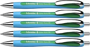 Schneider Slider Rave XB (Extra Broad) Ballpoint Pen, Refillable   Retractable, 1.4 mm, Light Blue Barrel, Green Ink, Box of 5 Pens (132504)