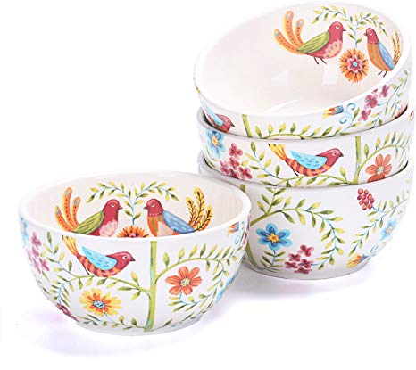 Bico Red Spring Bird 26oz Ceramic Cereal Bowls Set of 4, for Pasta, Salad, Cereal, Soup & Microwave & Dishwasher Safe