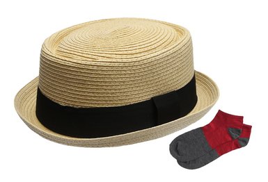 Men's Premium Straw Porkpie Fedora Hat with Summer Low Cut Sock