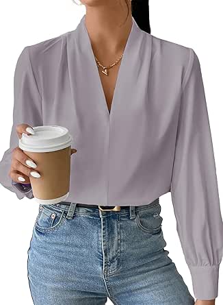 EVALESS Long Sleeve Shirts for Women Trendy V Neck Summer Tops Dressy Casual Chiffon Blouses Loose Fit Work Office Blouse Top