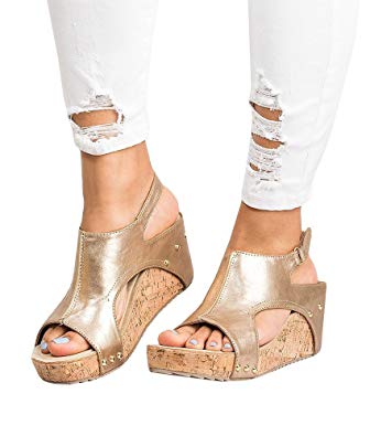 ThusFar Women Sandals Wedges Peep Toe PU Belt Buckle Rivet Blocking Hook-Loop Fashion Wedges Sandals Summer Platform Sandals