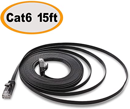 Cat 6 Ethernet Cable 15 ft, Flat Internet Network Lan patch cord Short, faster than Cat5e/Cat5, Solid Cat6 High Speed Computer RJ45 Wire for Modem, Router, PS4, Xbox, Switch, Camera, TV, Hub - Black