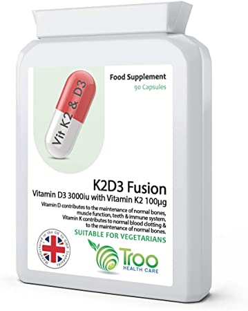 K2D3 Fusion Vitamin D3 3000 IU and Vitamin K2 100ug MK7 90 Supplement Capsules - Bone & Immune Support – Manufactured in UK