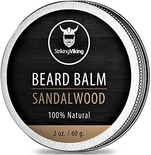 Sandalwood Beard Balm - Styles, Strengthens & Softens Beards and Mustaches - 100% Natural Beard Conditioner with Organic Shea Butter, Tea Tree, Argan & Jojoba Oils by Striking Viking