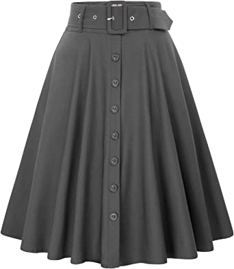 Belle Poque Women's Vintage Stretch High Waist A-Line Flared Midi Skirts with Pockets & Belts