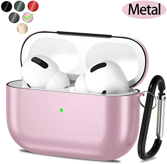 Metal AirPods Pro Case Cover - Comvin Hybrid Hard Shell Shock-Proof Protective Skin for Apple AirPod Pro 3nd Gen Wireless Charging [Front LED Visible], with Keychain, Rose Gold