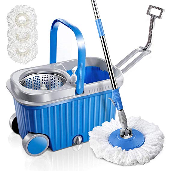 Mastertop Rolling Microfiber Spin Mop and Bucket with Two Wheels Floor Cleaning Tools with Stainless Steel basket 3 Microfiber Mop Heads for Dry and Wet