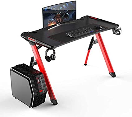 DlandHome 47 inches Gaming Desk R3 Pro Ergonomic Modern Computer Desk Gamer Tables, RGB LED Lights and Extra Large Mouse Pad, Red Leg