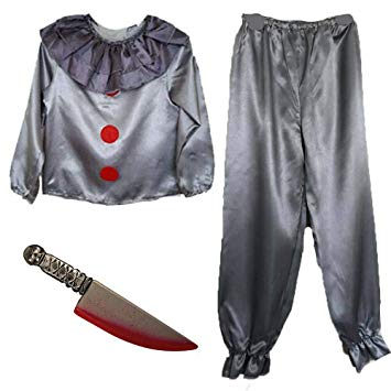 Childrens Kids Boys Grey Killer Clown Fancy Dress Costume (Costume & Knife) (L-XL 10-12 Years)