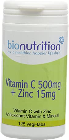 Bio Nutrition Vitamin C 500mg   Zinc 15mg : Antioxidant and Immune Vitamin and Mineral Combination : 125 Vegi Tablets