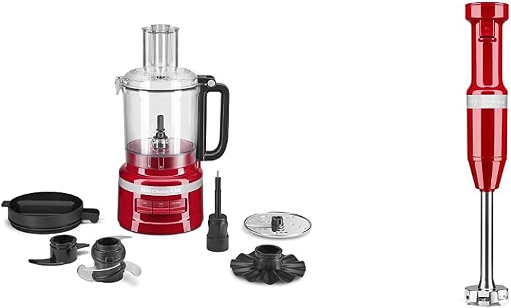 KitchenAid 9 Cup Food Processor, Empire Red & Variable Speed Corded Hand Blender - KHBV53, Empire Red, 1 Liter