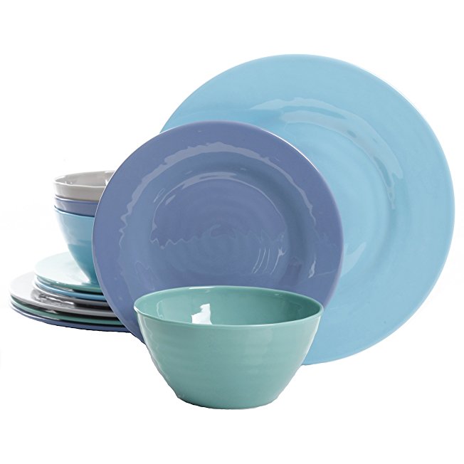 Gibson Home Brist 12 Piece Melamine Dinnerware Set; Blue, Gray, Chameleon and Periwinkle Blue