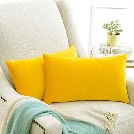 COMFORTLAND 12 x 20 Decorative Oblong Pillow Cases Pack of 2 Solid Soft Velvet Rectangular Throw Pillow Covers Lumbar Cushion Covers for Farmhouse Indoor Bedroom Sofa Couch Bed Kids,Orange Yellow