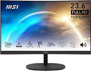 MSI PRO MP2412C 24-inch Curved VA 1920 x 1080 (FHD) Computer Monitor, 100Hz, Free-Synch, HDMI, DisplayPort, VESA Mountable, Speaker, Tilt, 1ms, Black