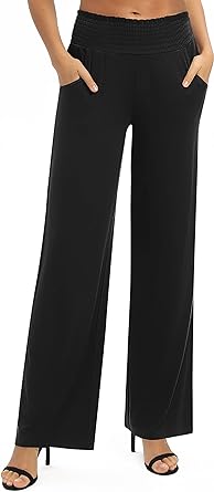 EXCHIC Women's Solid Loose Straight Leg Palazzo Pants High Waist Stretchy Lounge Trousers with Pockets