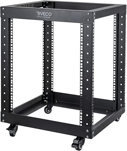 12U Server Rack Open Frame with Casters-RIVECO 4 Post Quick Assembly 19-inch, Data Rack Network Shelf Cabinet Heavy Duty Black