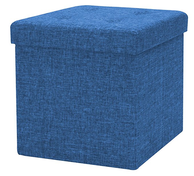 Sorbus Storage Ottoman Faux Linen – Tufted Ottoman Contemporary Folding Bench Chest with Cover – Perfect Toy and Shoe Chest, Pouffe Ottoman, Seat, Foot Rest (Blue)