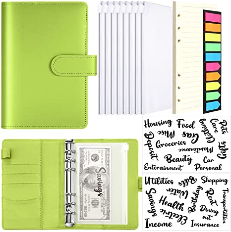 A6 PU Leather Notebook Binder Cash Budget Planner Organizer 6 Ring Saving Binder Cover Envelopes 26 Categories Letter Sticker Label 8 Binder Pocket Loose Leaf Paper Neon Page Maker (Grass Green)