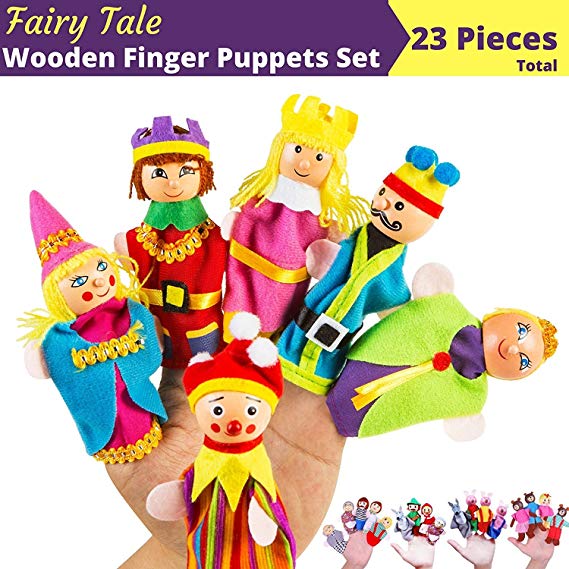 BETTERLINE Premium Wooden Finger Puppets 23-Piece Set / Fairy Tale & Nursery Rhymes Characters - Red Riding Hood, 3 Little Pigs, Goldilocks & The 3 Bears, Family and Kingdom