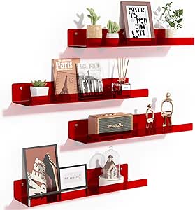 upsimples 4 Pack Acrylic Shelves for Wall Storage, 15" Floating Bookshelves for Kids, Display Shelf Organizer for Bathroom, Bedroom, Living Room, Kitchen, Room Decor, Clear Red