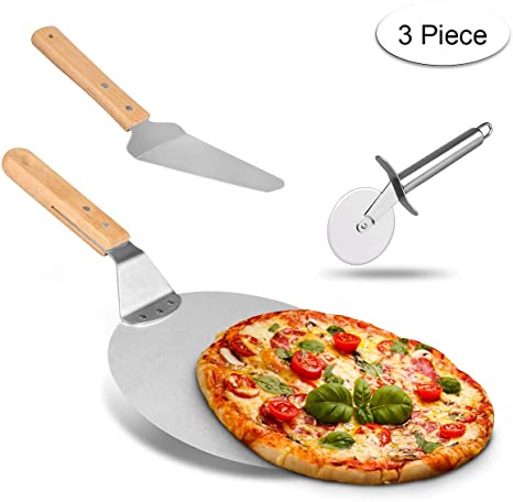 Weeygo Stainless Steel Wood Handle Wheel Cutter Transfer Shovel Baker Tools for Baking Pizza and Cake on Oven & Grill, 3 Pieces, Silver