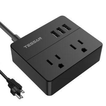 TESSAN Portable 2 Outlet Power Strip with 3 USB Charging Ports(15W) Bulit in 3 Feet Cord (BLACK)