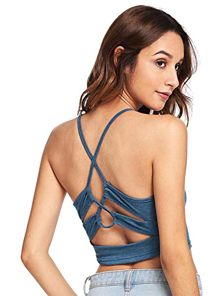 Romwe Women's Sexy Cutout Back Crisscross Spaghetti Strap Crop Cami Top