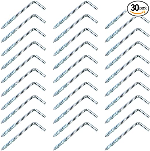 QWORK Carbon Steel Metal 7-Shaped Screw Right-Angle Hook Screw 30 Piece Set 2-3/4” x 7/8” (70mm x 22mm)