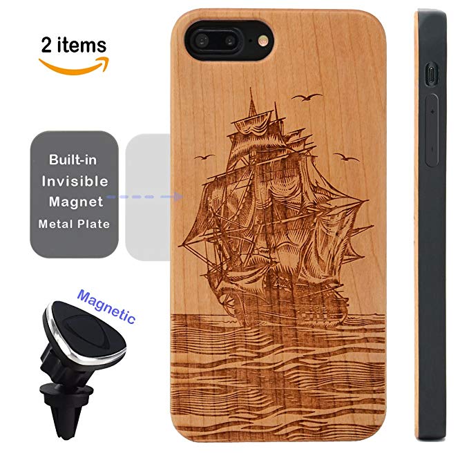 iProductsUS Compatible iPhone 8 7 6 Case Wood and Magnetic Mount, Engraved Pirate Boat Phone Cover, Built-in Metal Plate Covered TPU Rubber Protective Cases Applicable Apple iPhone 8,7,6/6S(4.7")