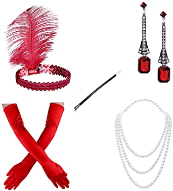 1920s Flapper Gatsby Costume Accessories Set 20s Flapper Headband Pearl Necklace Gloves Cigarette Holder