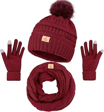 Winter Hat Scarf Gloves and Face Mask, Warm Knit Beanie Pompom Hat Touchscreen Gloves Set Gifts Circle Scarves for Women…