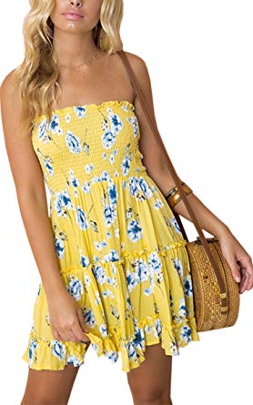 Angashion Women's Floral Strapless Pleated Flowy Skater Mini Tube Dress