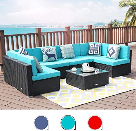 LUCKWIND Patio Conversation Sectional Sofa Chair Table - 7 Piece All-Weather Black Checkered Wicker Rattan Seating Cushion Patio Ottoman Modern Glass Coffee Table Outdoor Accend Pillow 300lbs (Green)