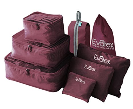 Evatex Packing Cubes - 8 Psc Set Travel Packing Cubes, with Waterproof Shoe Bag, cosmetic bag, diaper bag, Laundry Bag (Wine)