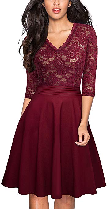 HOMEYEE Women's Chic V-Neck Lace Patchwork Flare Party Dress A062