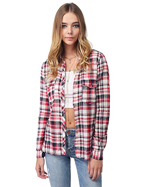 Awesome21 Women's Lightweight Relaxed Fit Plaid Shirt