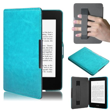 Swees® Ultra Slim Leather Case / Cover for New Amazon Kindle Paperwhite / Kindle Paperwhite 3G with Elastic Hand Strap, Magnetic Auto Sleep Wake Function, Includes Screen Protector - Blue